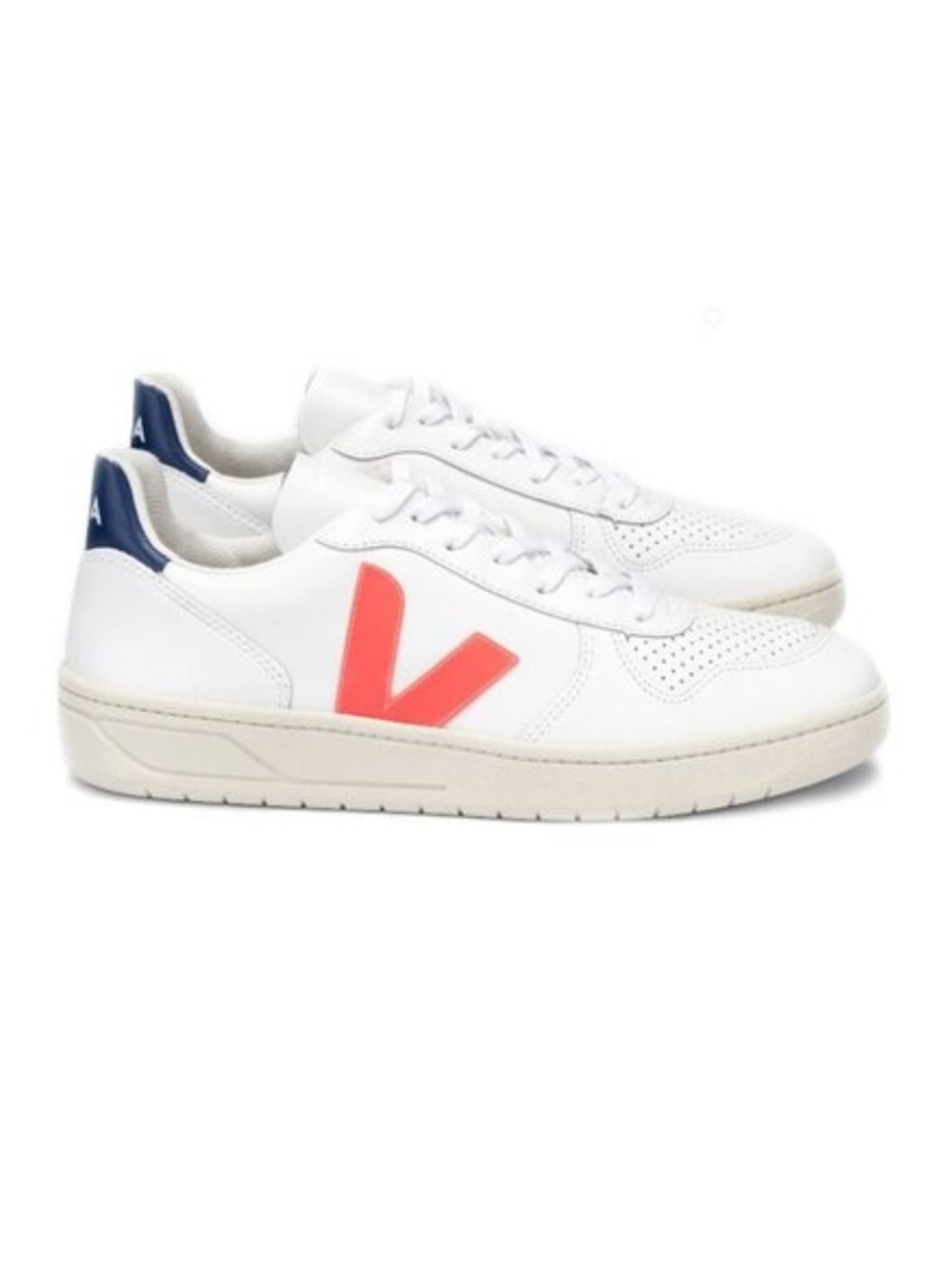 Veja V-10 White Sneakers with Coral V and Navy Heel